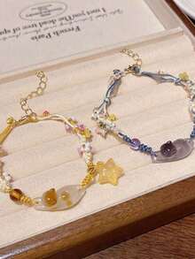 2pcs Handmade Woven Bracelet With Cute Cat & Star Pendant, Unique Gift For Best Friends, Wife, Festival, Animal Jewelry, 1 Blue 1 Yellow, Random Pendant Color - 2條腕帶 - 查看 1