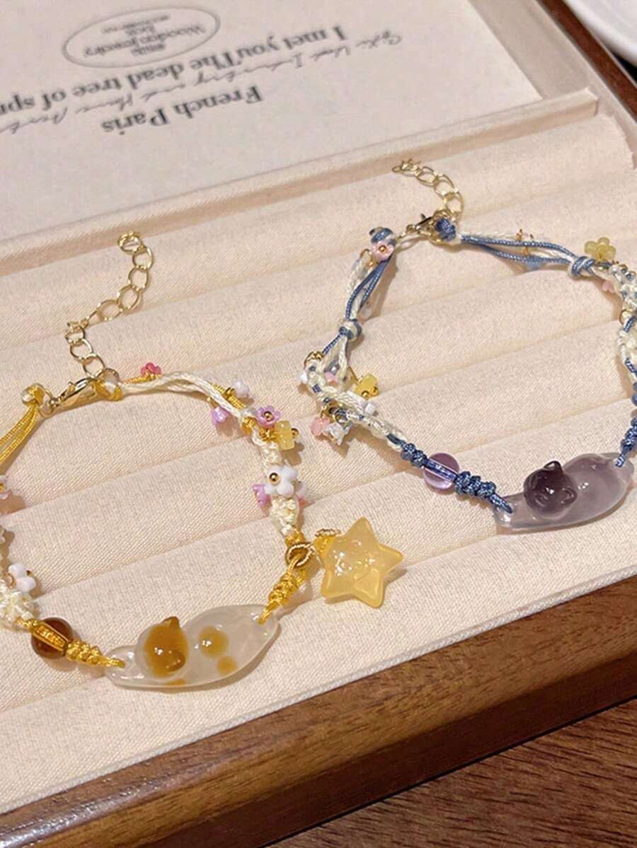 2pcs Handmade Woven Bracelet With Cute Cat & Star Pendant, Unique Gift For Best Friends, Wife, Festival, Animal Jewelry, 1 Blue 1 Yellow, Random Pendant Color - 2條腕帶 - 查看 1