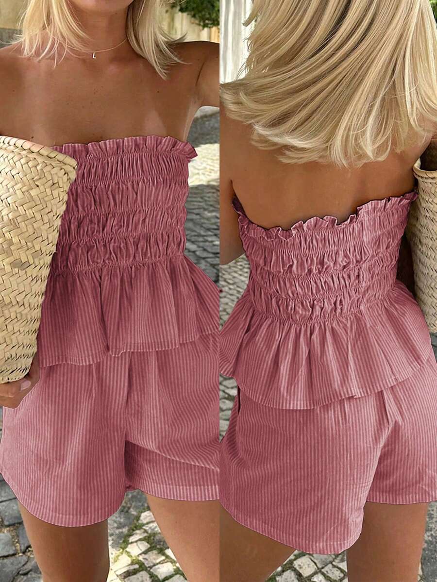 Bộ đồ hai mảnh Vaiaye mùa hè phong cách Hawaii Bohemian dành cho nữ - Áo ống kẻ sọc viền bèo nhún và quần short, hoàn hảo cho các buổi hẹn hò, tiệc trà chiều, kỳ nghỉ, lễ hội âm nhạc và ngày Valentine. Màu đỏ - Đỏ - Xem 1