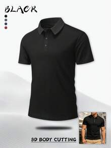 男士休闲运动短袖 Polo 衫，翻领，速干透气，弹性面料，纯色，夏季款 - 黑色 - 查看 2