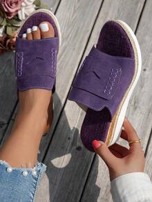 紫色坡跟拖鞋，夏季厚底度假鞋，波西米亚复古紫色绒面亚麻厚底凉鞋 - 紫色 - 查看 2