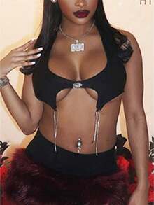 Going Out Tops For Women Sleeveless Off Shoulder Tie Back Rhinestone Fringe Tassel Crop Top - Black - View 1