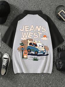 Boys' Summer New Funny Car & Letter Print Short Sleeve Polo T-Shirt, Children Summer Outfit - Grey - View 1