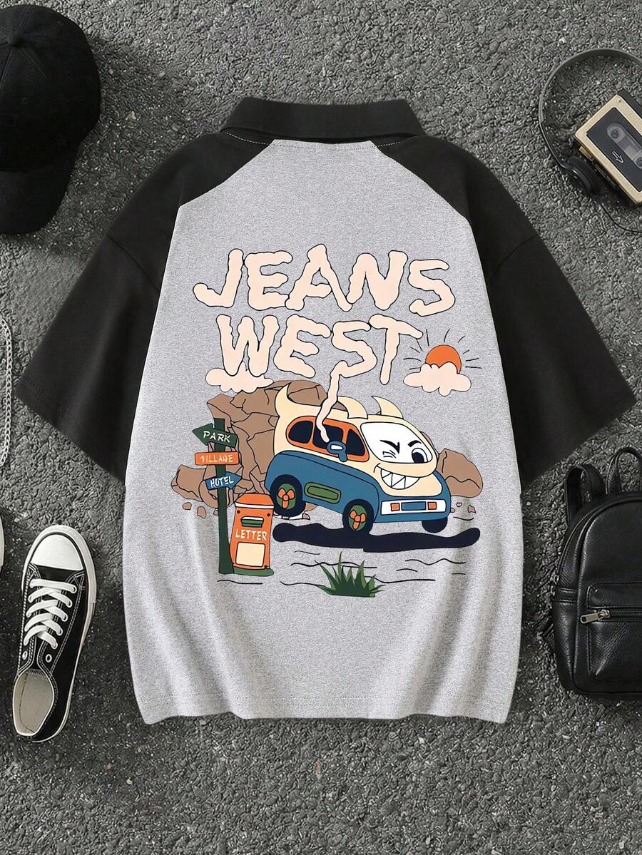 Boys' Summer New Funny Car & Letter Print Short Sleeve Polo T-Shirt, Children Summer Outfit - Grey - View 1