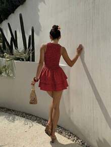 Vestido mini ajustado sin mangas a cuadros azules, estilo francés dulce para vacaciones, primavera/verano - Rojo - Ver 2