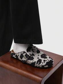 Men's Dalmatian Print Fuzzy Slippers - Backless Casual Loafers With Buckle Strap, Street Style Mule Shoes - 黑灰色 - 查看 11