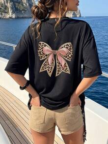 Women Loose Leopard Print Bow Decor T-Shirt - Black - View 4