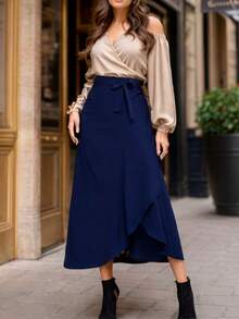 Women's Long Wrap Skirt In Viscose Linen With Tie Detail – Style And Comfort – One Size - 藏蓝色 - 查看 4