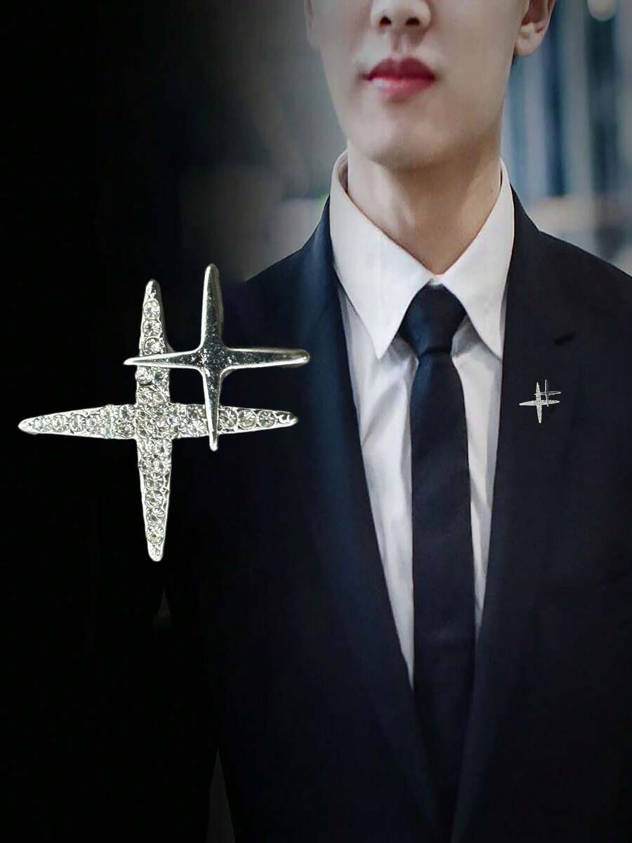 1件时尚商务男士西装衬衫星形金属胸针 - 銀色 - 查看 1