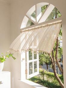 LOSPRING Rèm ngắn nhà bếp chất liệu vải lanh với tua rua ở viền, rèm cửa sổ nửa trong suốt chất liệu dây thừng. - Màu be - Xem 4