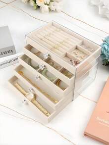 1 pieza Caja de almacenamiento de joyas/relojes/pulseras de 5/3/1 capa con flocado, caja de joyas apilable y multifuncional con cajones transparentes, organizador de joyas de 5 niveles, caja de joyas antioxidante para aretes, anillos, collares, pulseras, ideal para regalos de cumpleaños, Día de San Valentín y aniversario, caja de exhibición - Multicolor - Ver 2