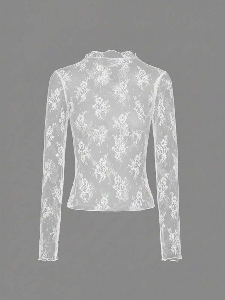 ARA CHIC 2-Piece Set Women's Black & White Sexy Elastic Lace Long Sleeve Top, Fashion Stand Collar Floral Sheer Elegant Layering T-Shirt, 2026 Spring/Summer Resort & Date Outfit - Black and White - View 5