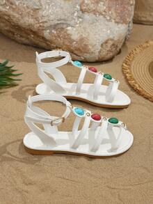 1 Pasang Sandal Musim Panas Anak-Anak Gaya Romawi dengan Hiasan Batu Permata Warna-warni, Sandal Pantai Putih Bohemian, Sandal Gaya Eksotis Retro dengan Dekorasi Paku Keling Logam Emas, Gesper yang Dapat Diatur, Cocok untuk Liburan, Perjalanan, dan Padu Padan Pakaian - Putih - View 6