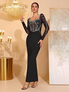 Đầm dài màu đen sang trọng, thủ công, đính kim cương, kiểu dáng thanh lịch, cổ vuông, tay dài, phối lưới, hở lưng, thích hợp cho đám cưới, tiệc cưới hoặc làm phù dâu. - màu đen - Xem 4