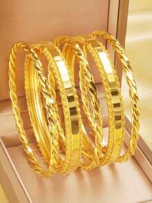 5件套21K镀金手镯套装，阿拉伯时尚组合手镯，镀层防锈，沙特女性婚礼派对首饰，女士礼物 - 金色01 - 查看 5