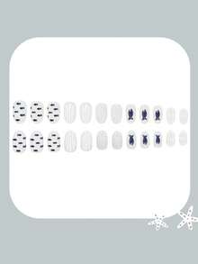 24pcs Short Oval-Shaped Artificial Nails, Summer Beach Shell & Starfish Plaid Design, Suitable For Vacation Or Daily Wear, Detachable Nail Tips With 1pc Jelly Gel And 1pc Nail File - Multicolor - View 4