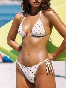 2026 New European & American Style Summer Beach Vacation 2-Piece Women's Sexy Polyester White With Red Polka Dot Halter Tie Triangle Bikini Top And Side Tie Bikini Bottom Bikini Set Set - Multicolor - View 2