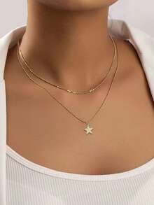 2pcs/Set Fashionable Personalized Design Flat Bead Chain Double-Layer Stacked Star Pendant Necklace, Choker (No Gift Box) - Yellow Gold - View 2