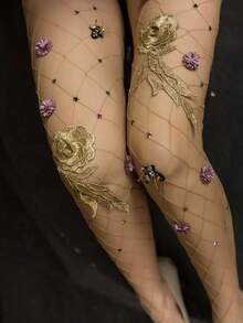 Sexy Floral Bee Fishnet Stockings, Handmade Breathable Mesh Pantyhose, Stylish Tights - Quả mơ - Xem 5