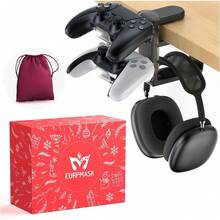 3in1 Rotating Headphone Holder - 3in1 PC Gaming Headset Holder W/Detachable Controller Holder, Adjustable Clamp-On Headset Stand,Headphone Hanger Hook Under Desk W/Cable Clip Organizer - Gaming Combo Black - View 9