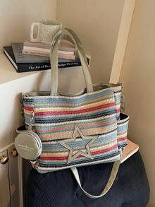 Nueva bolsa de lona casual y de moda con patrón de estrella yúltiples bolsillos, incluida una monedero - Multicolor - Ver 8