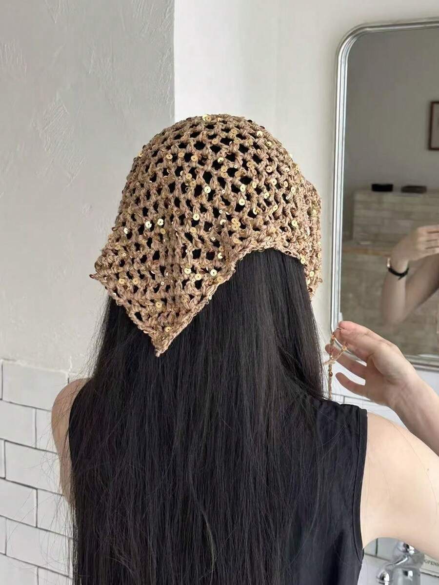 1件装女士春夏轻薄亮片装饰头巾帽,复古时尚三角巾帽,适合日常穿搭,波西米亚风格,颜色随机,适合海滩、度假、假日、旅行 - 亮片頭巾 - 查看 1