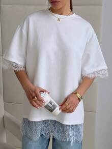 2026 New Lace Patchwork Women's Fashionable Elegant Commuter Top T-Shirt, Lace Patchwork Open Back Design Casual White Summer - White - View 1