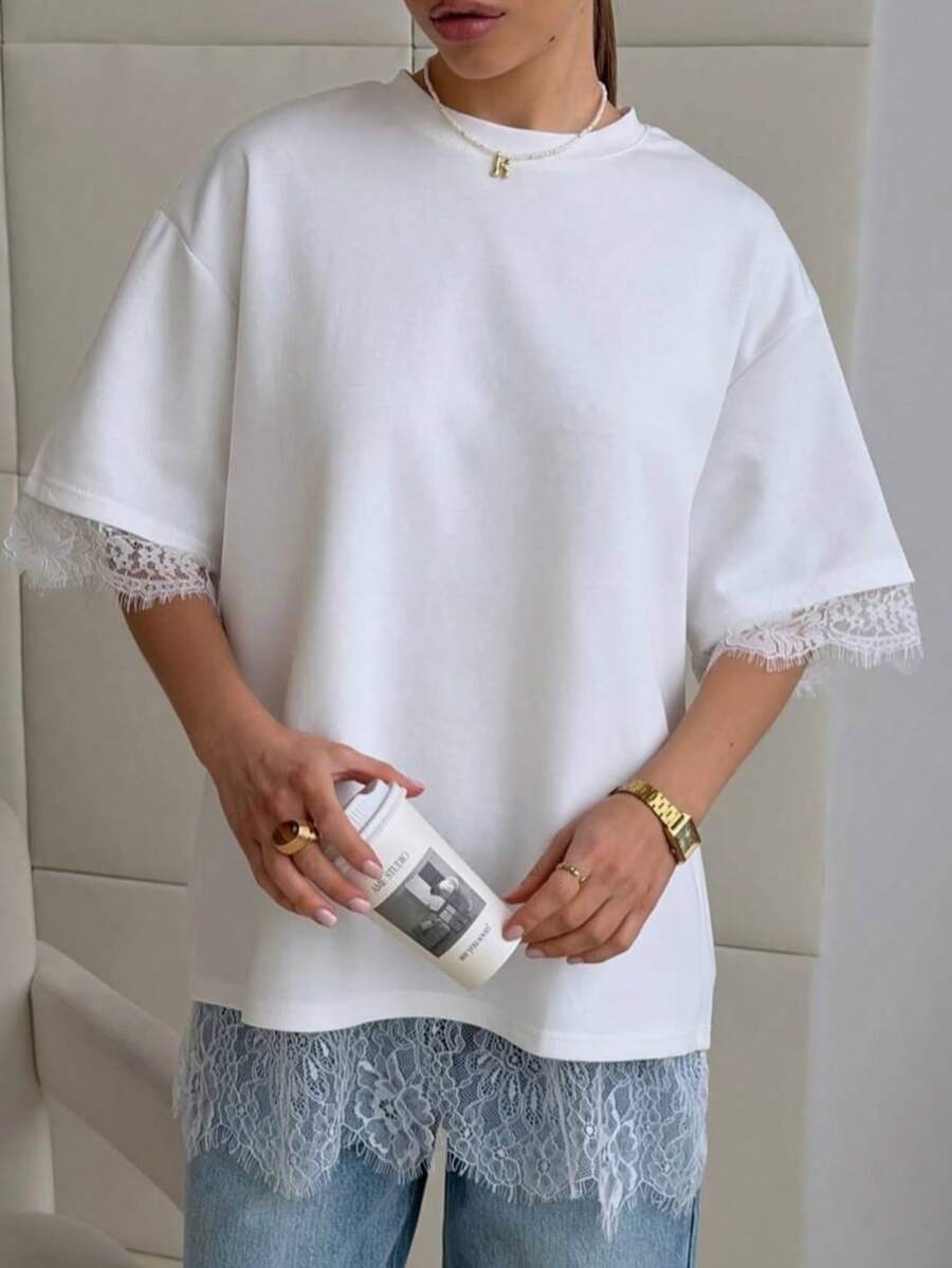 2026 New Lace Patchwork Women's Fashionable Elegant Commuter Top T-Shirt, Lace Patchwork Open Back Design Casual White Summer - White - View 1