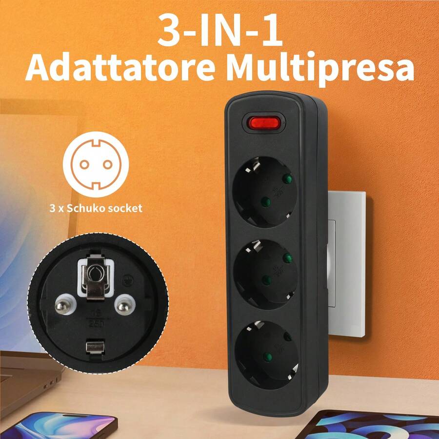 Bộ chuyển đổi ổ cắm điện EU 3 trong 1, bộ chia ổ cắm Schuko ba đầu có công tắc nguồn, bộ mở rộng nhiều ổ cắm di động, bộ chuyển đổi được chứng nhận CE. - Phích cắm loại EU E (220-240V) - Xem 1