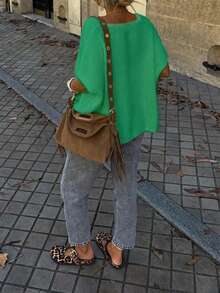 FOR BEAUTY 春夏新款绿色V领纽扣短袖宽松肩部设计波西米亚休闲度假轻薄针织开衫短袖上衣，新年 - 草綠 - 查看 8