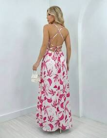 Women's Long Dress With Leaf Print, Crossed Straps, Casual, Summer, Tropical - 白色和粉紅色 - 查看 3