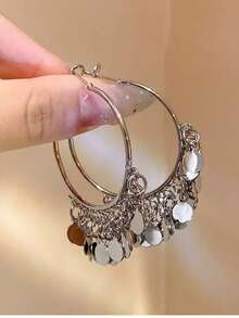 一对圆形吊坠耳环，时尚几何圆形吊坠，大号耳环，适合女性，性感迷人 - 銀色 - 查看 1