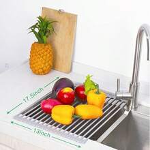 Over Sink Dish Drying Rack, Multipurpose Roll Up Dish Drying Rack, Foldable Silicone Coated Rolling Sink Rack Mat Stainless Steel Dish Drainer For Kitchen (17.5''x13'') Grey - View 3