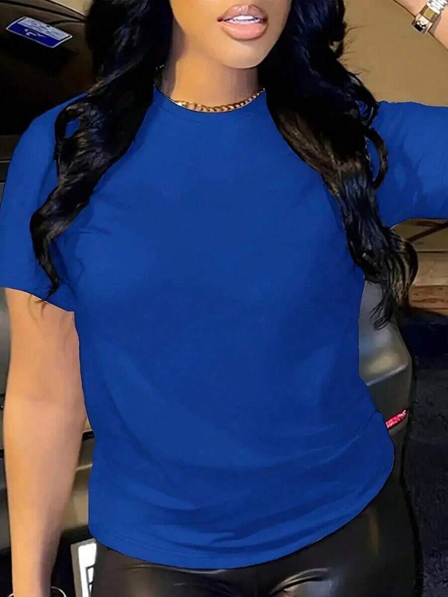 Solid Color Round Neck Basic Short Sleeve T-Shirt Is Suitable For Summer Casual WearLoose And Comfortable - Blue - View 1