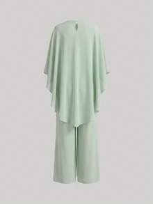 Bộ đồ nữ màu xanh bạc hà thanh lịch gồm áo choàng poncho mỏng và áo hai dây cùng quần ống rộng, thích hợp cho đi làm, đi nghỉ mát và hẹn hò, mùa xuân/hè. - Màu xanh Bạc hà - Xem 5