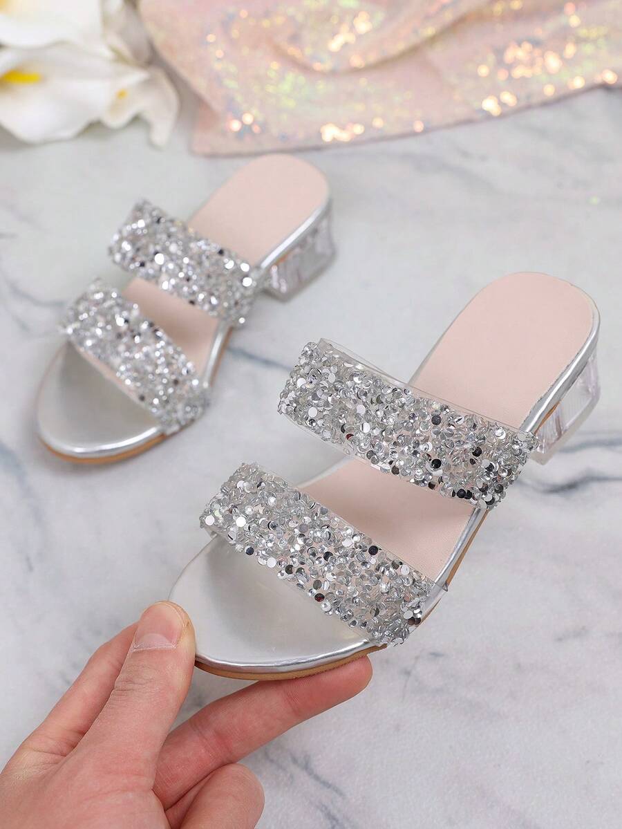 Girls' Sparkling Party High Heels | Thick Transparent Heel Dress Shoes - Silver - View 1