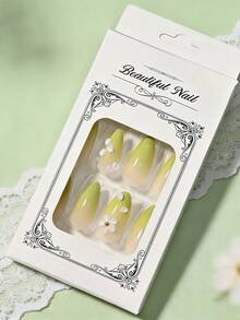 24Pcs Green Gradient Press On Nails With 3D White Flower, Short Almond Fake Nails For Women, Reusable False Nails With Glue For Daily Wear - Multicolor - View 6