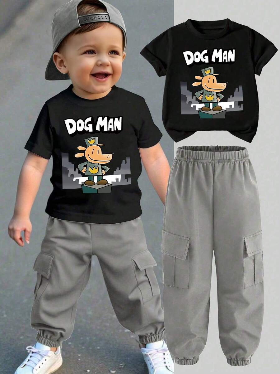 Bộ đồ thể thao thường ngày cho bé trai gồm áo thun ngắn tay in chữ hoạt hình và quần jogger kiểu cargo, thích hợp cho mùa xuân/hè/thu. - màu đen - Xem 1