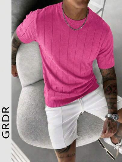 GRDR Maglione a maniche corte in maglia tinta unita con costine, stile sportivo casual, adatto per attività all'aperto, per uomo