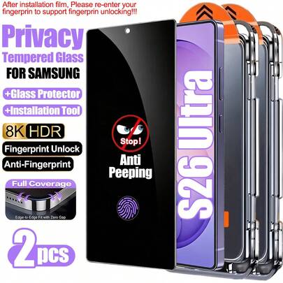 Bộ 2 miếng dán màn hình cường lực chống nhìn trộm độ phân giải cao cho Galaxy S26 Ultra (6.9 inch), hỗ trợ mở khóa bằng vân tay! Kính cường lực chất lượng cao độ cứng 9H, kèm đầy đủ dụng cụ lắp đặt. Chống dầu, chống trầy xước, chống bám vân tay, chống bụi, phủ kín toàn màn hình, không bọt khí, không bụi bẩn. Bảo vệ màn hình và quyền riêng tư của điện thoại từ mọi phía. Dễ dàng lắp đặt.