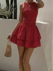 Vestido mini ajustado sin mangas a cuadros azules, estilo francés dulce para vacaciones, primavera/verano - Rojo - Ver 3