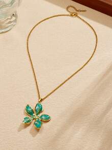 1件 时尚波西米亚乡村风滴油渐变不规则花朵吊坠不锈钢项链 - 綠色 - 查看 3