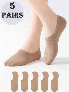 5 Pairs Women's Light Beige Solid Color Soft & Skin-Friendly Non-Slip Comfortable Minimalist Invisible Liner Socks, Suitable For Daily & Home Wear - Apricot - View 2