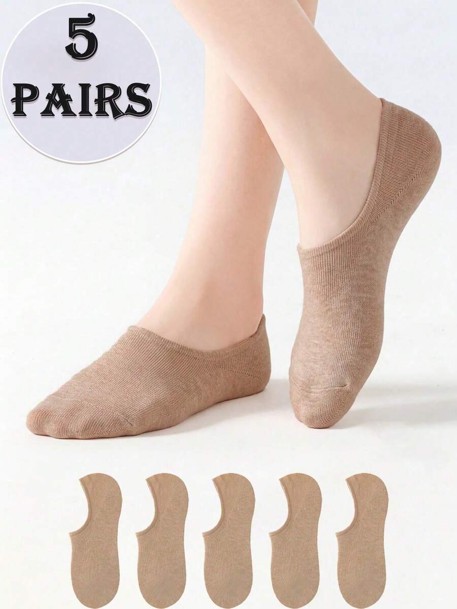 5 Pairs Women's Light Beige Solid Color Soft & Skin-Friendly Non-Slip Comfortable Minimalist Invisible Liner Socks, Suitable For Daily & Home Wear