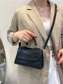 纯色PU皮革拼接蝴蝶结设计翻盖方形斜挎包，适合女性日常通勤、购物、旅行、聚会、闺蜜之夜、节日庆典、生日礼物及派对等场合。 - 黑色 - 查看 3