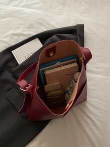 Bolso de hombro de PU de unicolor retro y versátil, bolso de cubo minimalista casual con textura - Rojo - Ver 4