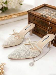 planare Giày sandal cao gót mũi nhọn màu be thời trang mùa hè dành cho nữ, thanh lịch, thoáng khí, chất liệu lưới, thêu họa tiết, thích hợp cho đi làm hàng ngày, hẹn hò, đám cưới. - Màu be - Xem 2