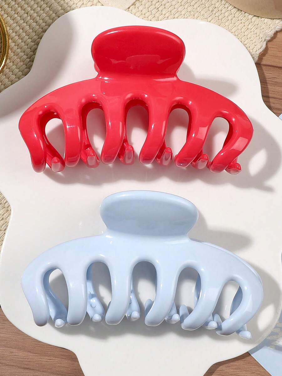 2个装多巴胺西瓜亮红色和乳蓝色橡胶高韧性材质高饱和度纯色亮面质感发夹爪夹发爪发饰，休闲简约设计，适合驾驶、运动、瑜伽、普拉提、居家、休闲通勤等场合，夏季穿搭发夹 - 彩色 - 查看 1
