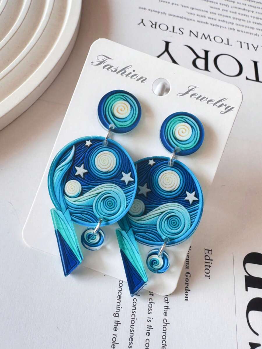 一对创意蓝色星月吊坠耳环，手工陶瓷质感简约蓝色漩涡设计，百搭圆形亚克力饰品，适合女性，四季皆宜 - 耳環 - 查看 1