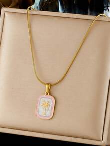 1件 时尚清新甜美滴油粉白色方块浮雕椰树图案吊坠镀金不锈钢锁骨项链 - 粉色 - 查看 1